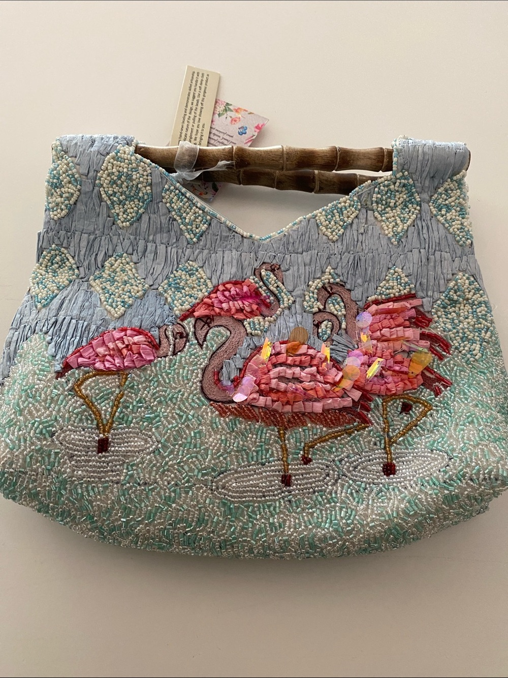 Flamingo Beaded Tote Bag - Light Blue & Pink